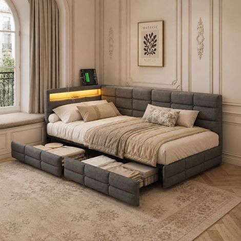 Letto singolo 90x200 cm con LED e ricarica, struttura letto angolare in tessuto effetto lino moderno con 2 cassetti portaoggetti e rete a doghe, grigio (1/5)