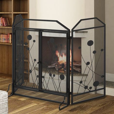 Parascintille Pieghevole pour Cheminée en Acier et Métal Noir avec 2 Portes à Fermeture Magnétique, 125x80cm
