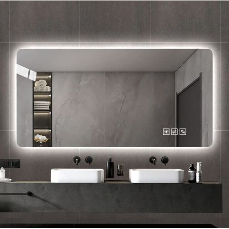 Specchio da parete 60x120 cm, con illuminazione LED e funzione antiappannamento, in vetro e metallo, argentato (1/5)