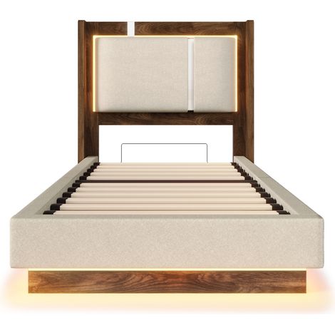 Cama canapé 90x200 cm con somier, LED, elevación hidráulica, beige y nogal (1/5)