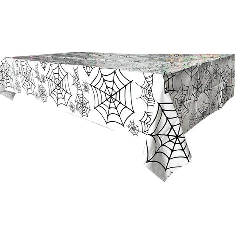 Nappe d'Halloween, nappe rectangulaire jetable en toile d'araignée en plastique, pour cuisine, table à manger,Toile d'araignée Blanc/Noir 137 x 274 cm (1/5)