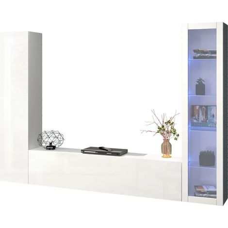 Parete da Soggiorno Attrezzata Porta TV con Vetrina Bianco Lucido (1/5)
