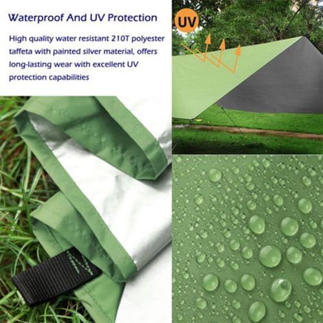 Bâche De Tente 3x3 M – Imperméable, 19 œillets, Clips, Piquets Alu, Cordes Nylon, 0.7 Kg, Anti-UV, Pour Camping, Pique-nique, Plage