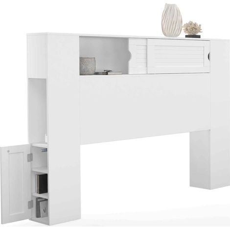 Idmarket – Tête de lit sur pied 145 cm blanc – Rangements fermés et niches – Dimensions : L.145 x l.20 x H.105 cm – Panneaux de particules