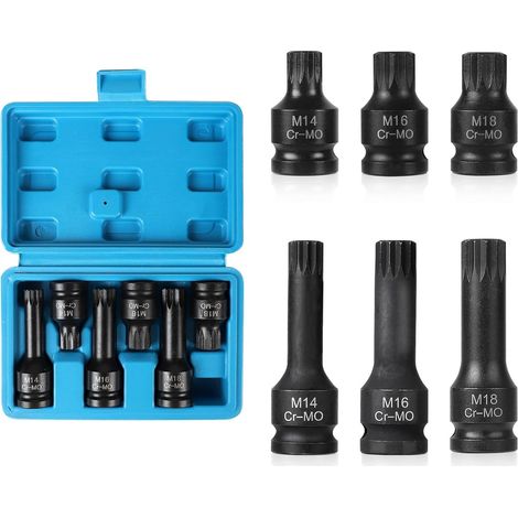 Jeu de 6 Douille XZN 1/2", M14, M16, M18 Coffret Douille Long et Court à Impact avec Boîte, Embouts à 12 Pans en CR-MO (1/5)