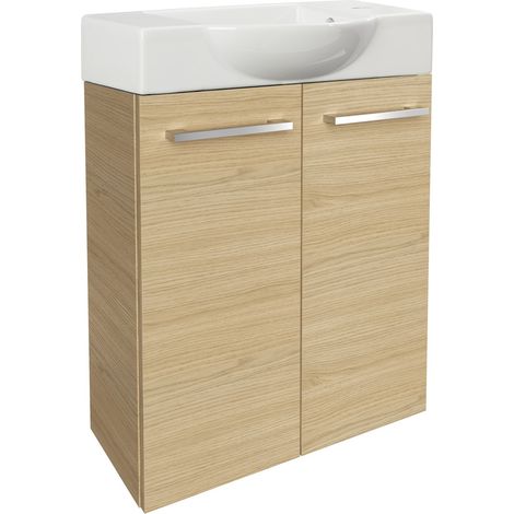 Fackelmann B. STYLE SBC Gäste-WC Set 2 Teile – Waschtischunterschrank in Holz Braun mit Waschbecken aus Keramik – Waschbeckenunterschrank schmal – 2 Türen – Hahnloch rechts – 55 cm breit"-"90112145 (1/3)