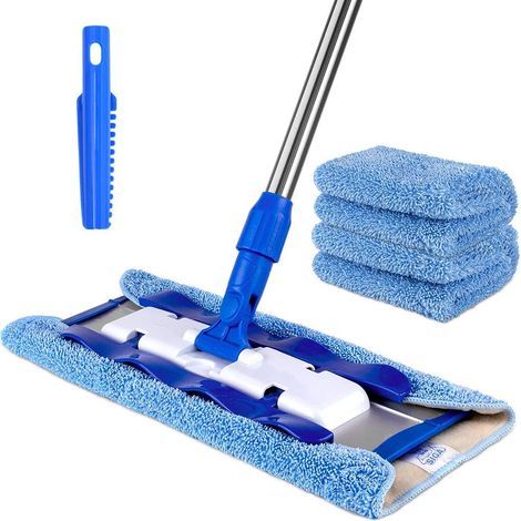 Balai-serpillère professionnel en microfibre avec manche en acier inoxydable pour sols en lengo, marbre et carrelage - Comprend 3 lingettes de nettoyage réutilisables et 1 éponge à récurer détergente (1/5)