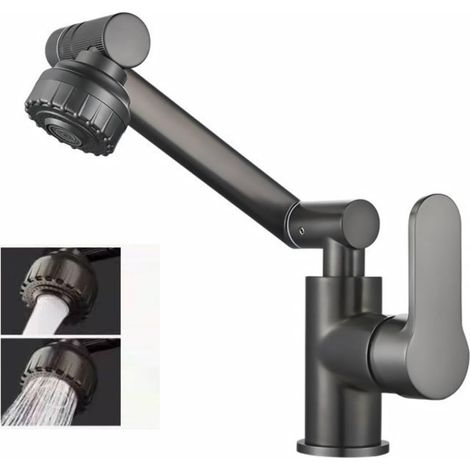 Robinet de salle de bain pivotant à 1080°, monotrou, poignée unique, 2 positions de sortie d'eau, robinet mécanique pivotant pour évier de salle de bain ou de cuisine, gris