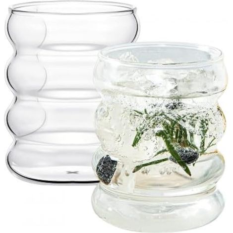 Lot de 2 verres créatifs en verre à motif ondulé vintage, côtelés, 300 ml, transparents, pour café, jus, eau, cocktails et sodas (1/4)