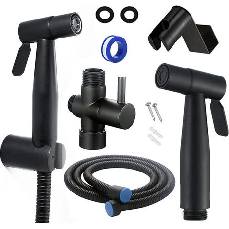 Komplettes WC-Bidet-Set – WC-Bidet-Set mit 3-Wege-Ventil (1/2"-3/8")  Standard-Französische Größen (Schwarz)