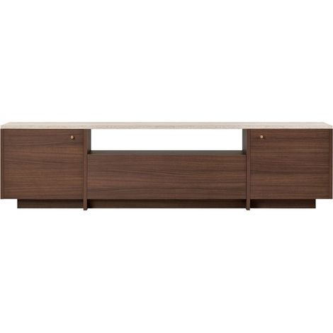 Meuble tv 3 portes plateau effet travertin et bois L180cm - Bois foncé - Hopa (1/5)