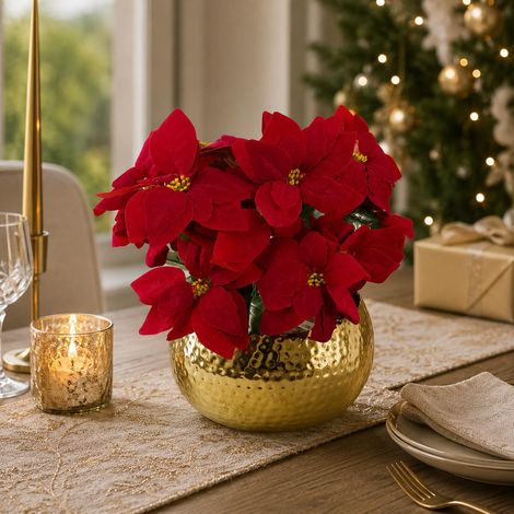 Pack of 7545 Artificial Christmas Xmas Poinsettias Gold Curve Planter (1/5)
