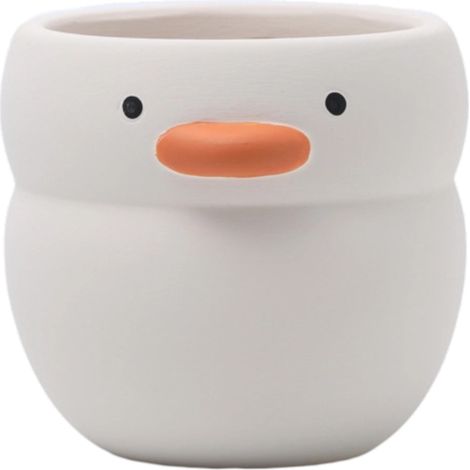 Pot de fleurs en céramique rond en forme de canard jaune mignon avec porte-stylo décoratif. Pot en argile respirant pour orchidée verte charnue. (1/5)