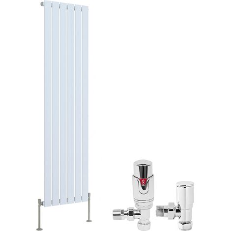 White Designer Flat Panel Radiator + Thermostatic TRV Radiator Valves Chrome Angled Vertical 1600x408mm Single