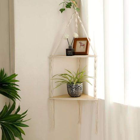 Étagère murale d'angle suspendue à 2 niveaux avec corde, étagères flottantes en bois, support de plantes bohème rustique (1/5)