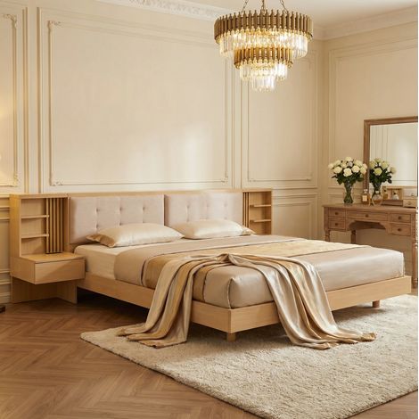 Cama matrimonial 180x200 cm de madera natural con almacenaje, sin colchón -FLORAGRACE (1/5)