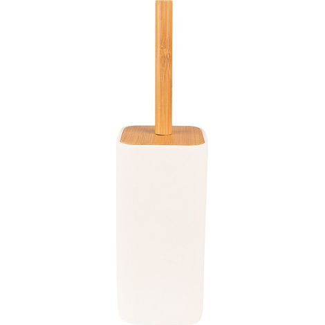 Brosse WC avec Support en Céramique et Bois Blanc et Marron Style Rustique 9 x 9 x 34 cm - PANGIVO (1/3)