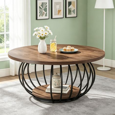 Table basse industrielle de 100 cm - Table ronde à 2 niveaux avec structure en métal pour la décoration du salon (1/5)