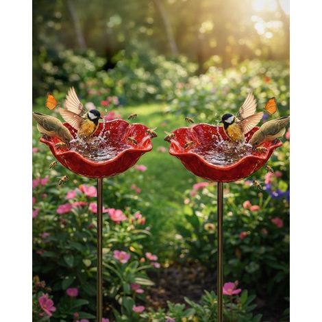 Ulisem - Vasca per uccelli - Set da 2 pezzi in acciaio inox - Vasca per uccelli e fontana - Design floreale - Resistente alle intemperie e alla ruggine - Per giardino e patio (1/5)