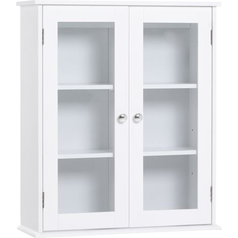 Armario de Pared Baño de 2 Puertas de Cristal Armario Colgante Multiusos para Cocina Salón con Estantes Interiores y Balda Ajustable 55x20x65 cm (1/7)