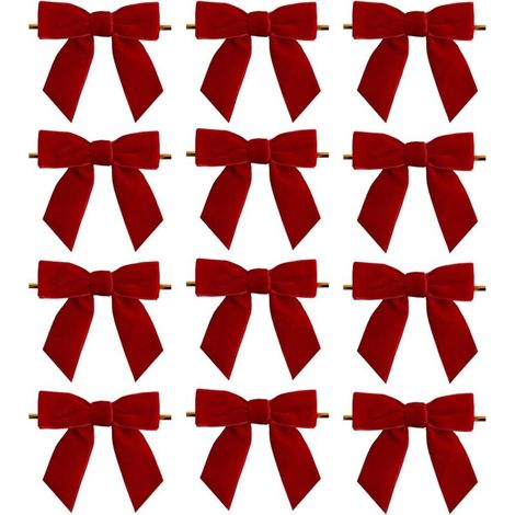 Bluedeer – Lot de 12 nœuds en velours rouge 8x8 cm – Décoration vintage pour sapin de Noël – Boucles pré-attachées pour suspension facile