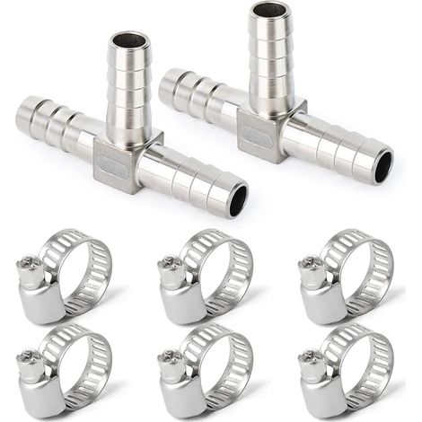 2 pièces 10mm en Acier Inoxydable Tuyau té barbelé, 3 Voies en Forme de T SUS 304 raccord de Tuyau avec 6 pièces Pinces