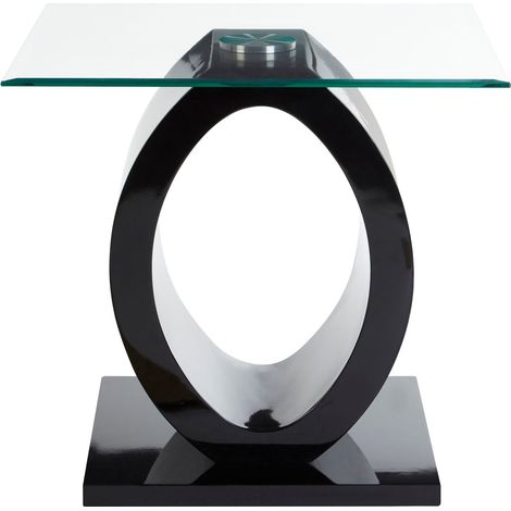 Interiors by Premier Modern O Shaped Wooden Side Table, Glass Top Wood Side Table, Black Bedside Table, Tempered Glass Side Table