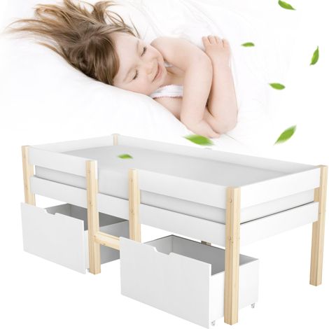 Letto a soppalco basso per bambini con cassetti e spondina, 90x190 cm, bianco e rovere (1/5)