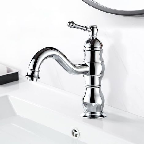 Grifo de lavabo retro cromado, giratorio 360°, grifo de baño con agua fría y caliente disponible, monomando mezclador de lavabo de latón para lavabo, instalación estándar de 3/8'' (1/5)