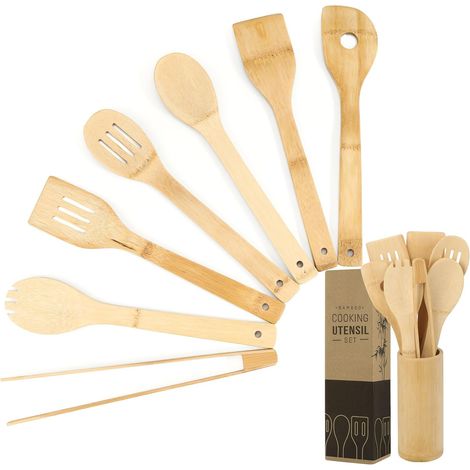 Set mit 8 Bambuslöffeln, Küchenutensilien aus Holz, Bambus-Küchenspatel, Küchenaccessoires aus Holz