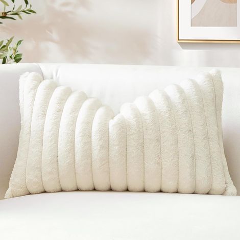 Lot de 1 Housse de Coussin 30x50 cm en Fausse Fourrure de Lapin, Housse Coussins Peluche à Rayures Doux Taies d'oreiller en Velours Décoratives pour Lit Canapé Chambre Salon, Blanc Crème (1/5)