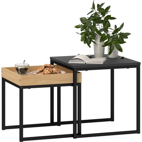 Ensemble de 2 tables basses modernes en bois et métal noir, pieds en U, dimensions 45x45x45 cm et 40x40x40 cm. (1/5)