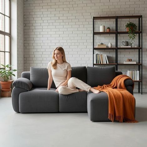 Sofá modular en esquina - Terciopelo de canalé gris oscuro - 4 plazas 264x89x71 cm - Reversible - Antirayaduras (1/5)