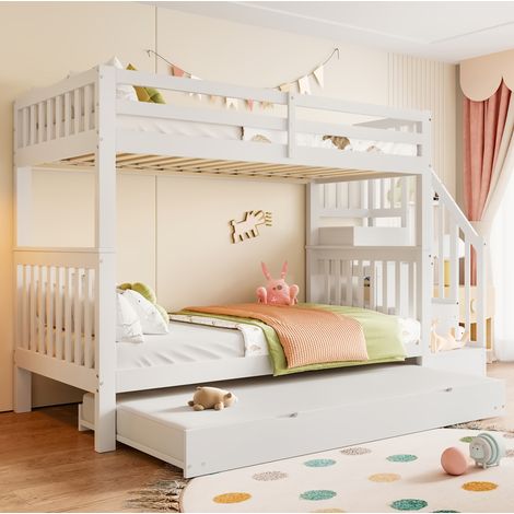 Lit superposé 90 x 200 cm avec lit gigogne escamotable 90 x 190 cm, échelle avec rangements, barrières hautes, bois et MDF blanc, certifié EN747-1, pour chambre d’enfant – CHICFURN (1/5)
