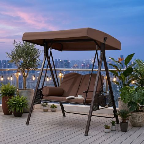 Balancelle de Jardin 2 Places avec Toit R¨glable, Balancelle Hollywood Ext¨rieure en Acier avec 1 Tablette Lat¨rale, Kaki, PURPLE LEAF (1/5)