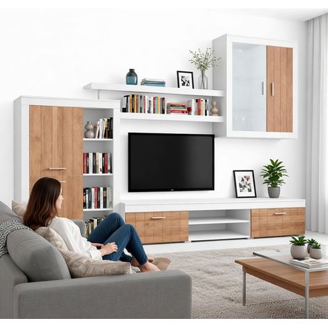 Parete Attrezzata Da Soggiorno Salotto Moderna Con Ante Mensole Vani A Giorno Vetrinetta Mobile TV Design Moderno Moduli Sospesi 293 x 193 x 50 Cm Bianco E Noce - Colore: Bianco e Noce