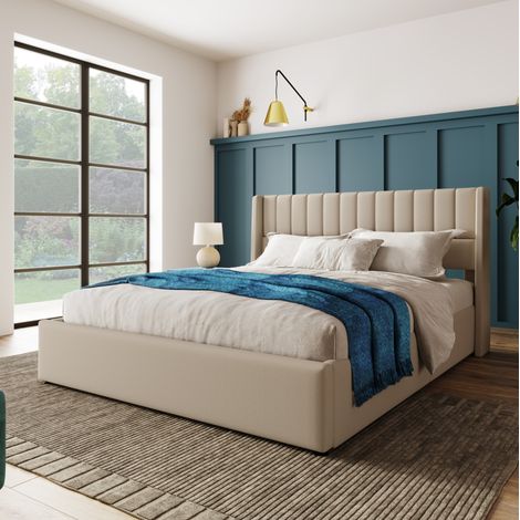 Letto con contenitore ribaltabile 180x200 cm, rivestito, idraulico, beige HAVRYA (1/5)