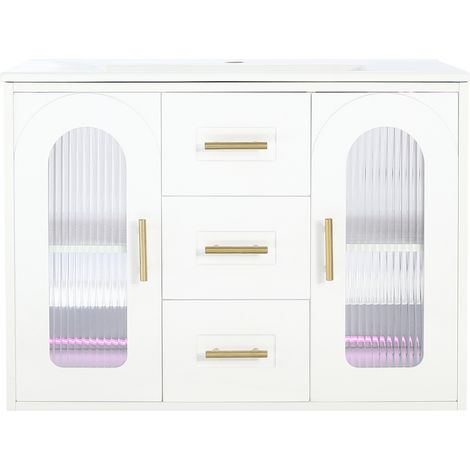 Mueble de baño suspendido 76 cm con lavabo cerámico LED y puertas de vidrio estriado (1/5)