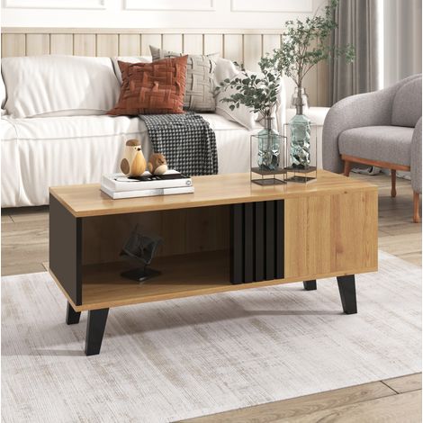 Tavolino da caffè 100x60x45 cm in truciolare nero e legno con vani – MEUBLIV (1/5)