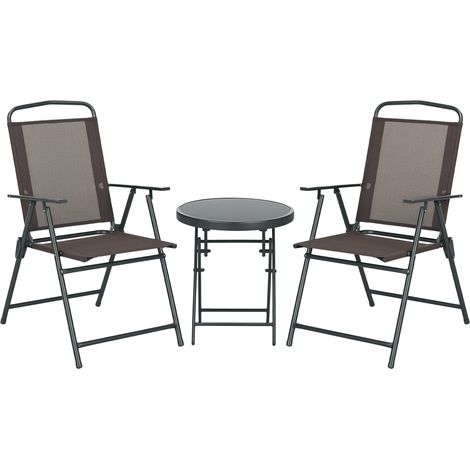 3-teiliges wetterfestes Bistro-Set aus Metall mit klappbarem Glastisch und braunen Gartenstühlen