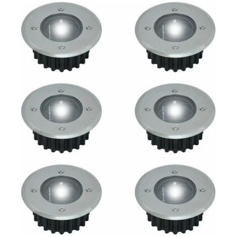 Lot de 6 spots LED solaires encastrables au sol - Ronds - Diamètre : 85 mm - Extérieur résistant au piétement - Façade en acier inoxydable - 6 lampes solaires - IP44, (1/5)