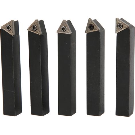 Jeu de 5 outils de tournage réversibles 3/8 po en carbure cémenté pour usinage au tour, chariotage et dressage (1/5)