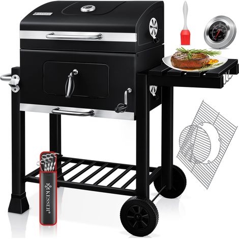 KESSER® BBQ Smoker XL con Tapa Carro para barbacoa de Carbón, Ruedas, Mango de Acero Inoxidable, Parrilla y Termómetro, 8 Brochetas con Bolsa y Cepillo de Silicona, Soporte para Barbacoa (1/5)