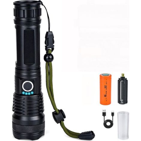 Bardusch - Lampe Torche LED Militaire Ultra Puissante Rechargeable Tactique Zoom 5 Modes pour Camping Randonnée Urgence 17x4 cm 1 Batterie (1/4)
