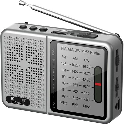 Mini radio FM/AM/SW (grise) - DSP - Carte TF - Clé USB - Lecture casque - Rechargeable (1/5)