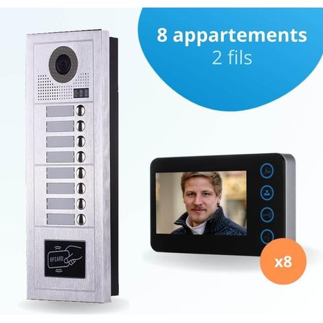 Portier interphone vidéo MODERN 2 Fils - 8 appartements - 8 écrans noirs - avec lecteur de badge