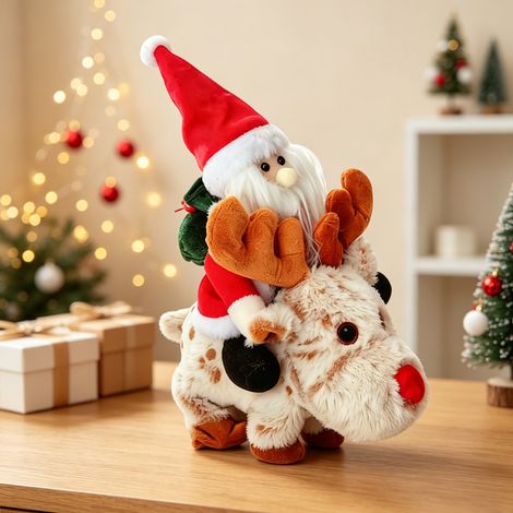 Babbo Natale Animato su Renna Grigia – Movimento Realistico e Musica Festiva, Peluche con Naso Rosso e Campanello – Design Elegante – Ideale per Decorazioni Natalizie Casa e Ufficio (1/4)