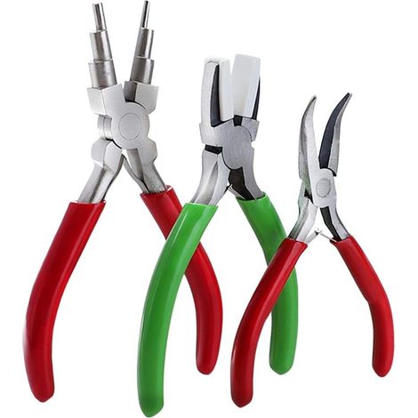 Lot de 3 pinces à bijoux, kit pratique de réparation de collier de bijoux, outils de bricolage, pince coudée sans dents, pince à bec plat en nylon, pince à enrouler (vert + rouge + argent) (1/5)