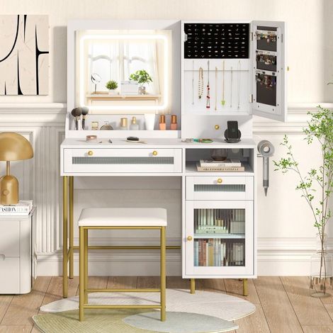 Dressing table with LED lighting & charging station & 3 drawers jewelry cabinet dressing table (1/5)