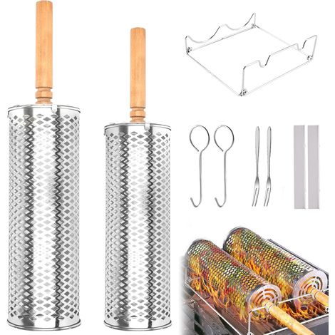 Accessoires Barbecue, 2 Paniers à Griller Roulants et Emboîtables en Acier Inoxydable Épaissi, Poignée Bois Amovible, pour Viande, Légumes, Camping, Grille Barbecue - (1/5)